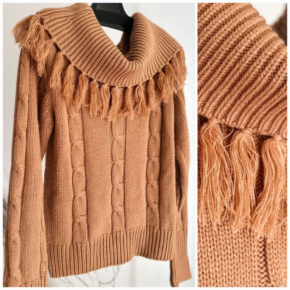 Lucca Tassel Cowl Cable Knit Sweater-Honey Med